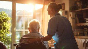 Older adults gather around a table for crafts and conversation in a bright assisted living common room.