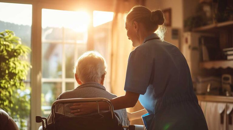 Older adults gather around a table for crafts and conversation in a bright assisted living common room.