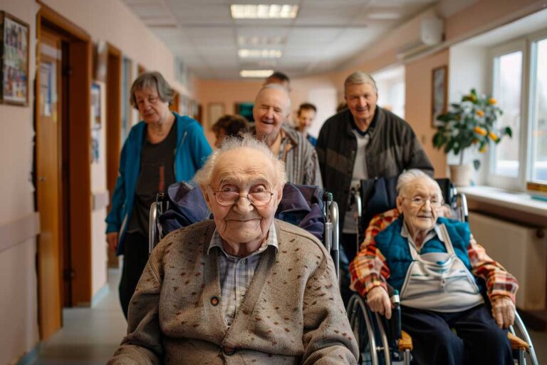 Caregiver assists an older resident with a walker in a bright assisted living hallway.